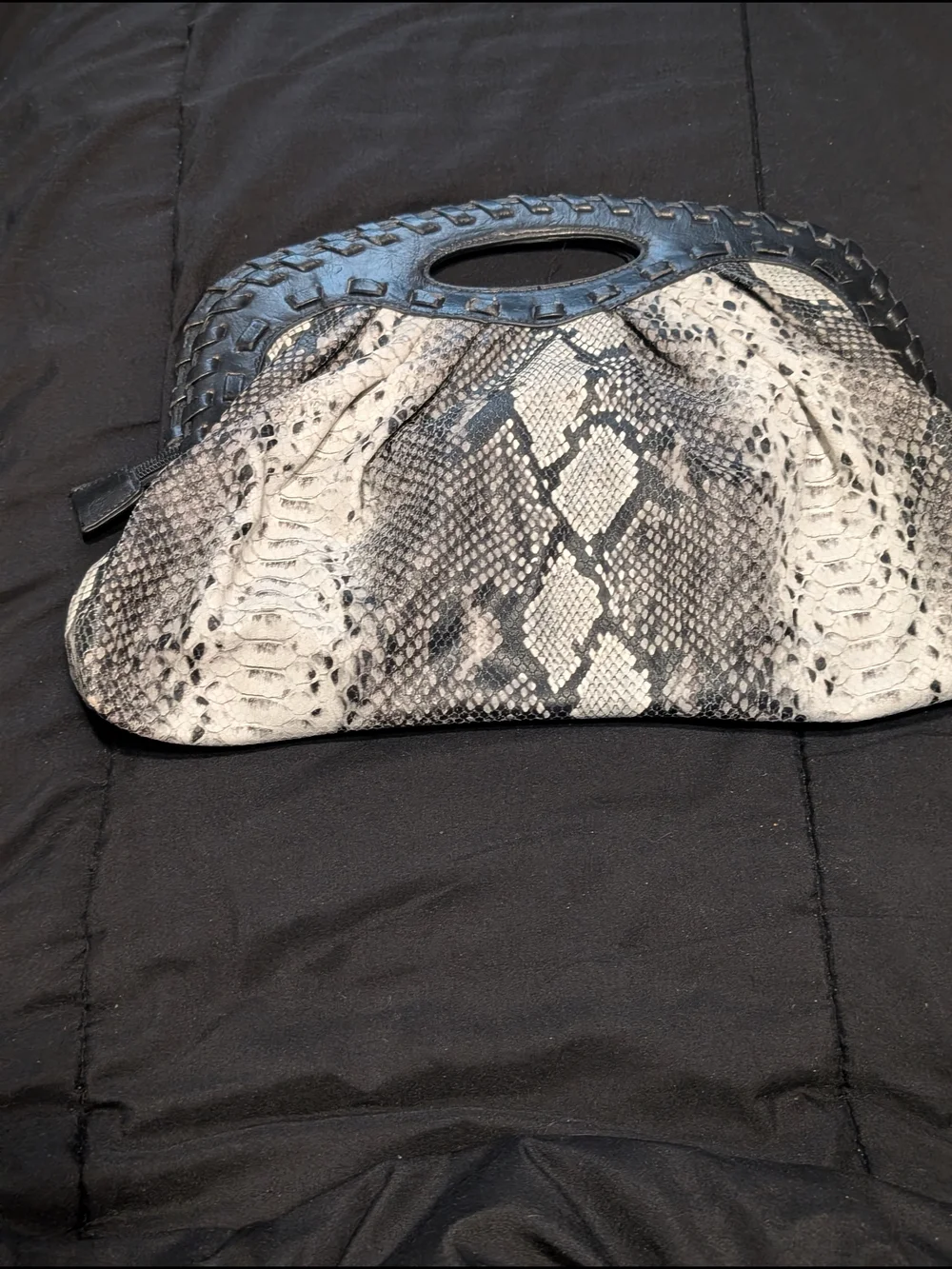 Snake-Print Handheld Clutch Bag in Black and Cream
